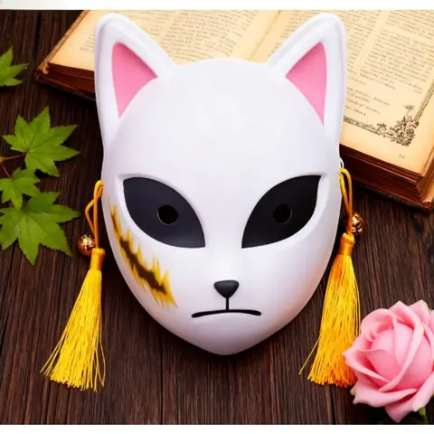 Japanese Anime Fox Mask for Cosplay | Demon Slayer Tanjiro Sabito Makomo Full Face Mask | Halloween Party Costume Prop with Bell