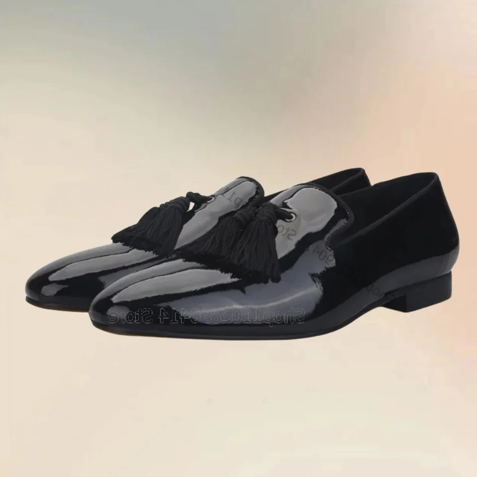 

Black Tassels Decor Patent Leather Low Top Loafers Fashion Slip On Men Shoes Luxury Handmade Party Feast Office Men Dress Shoes