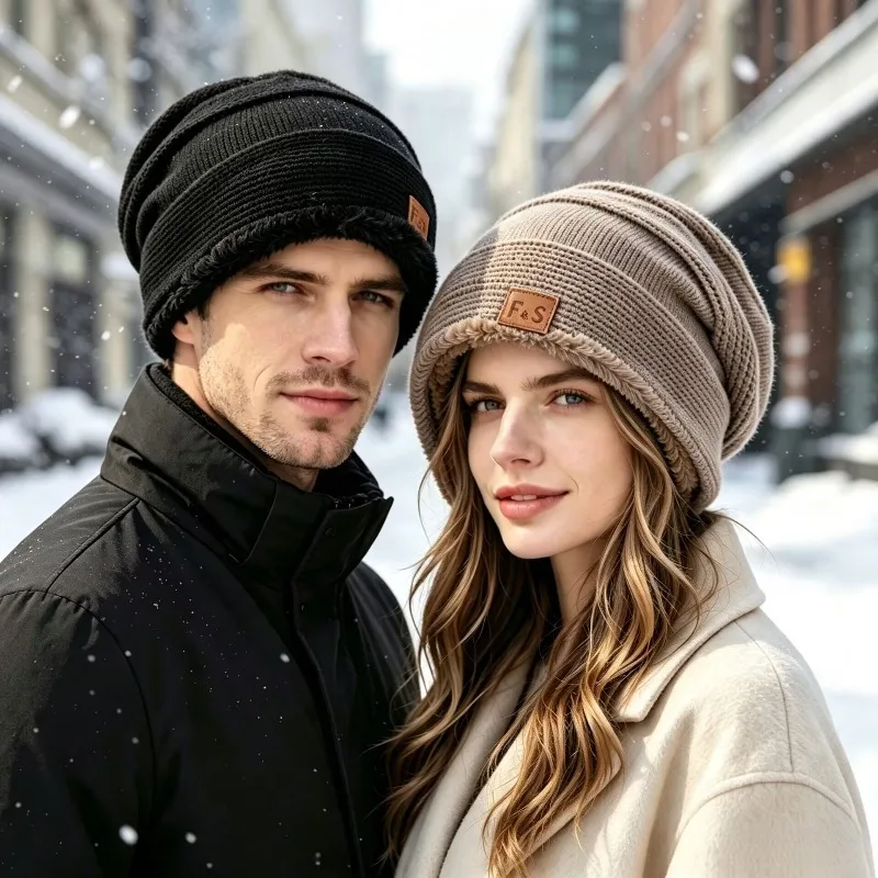 New Unisex Slouchy Winter Hats Add Fur Lined Men And Women Warm Beanie Cap Casual Label Decor Winter Knitted Hats view 4