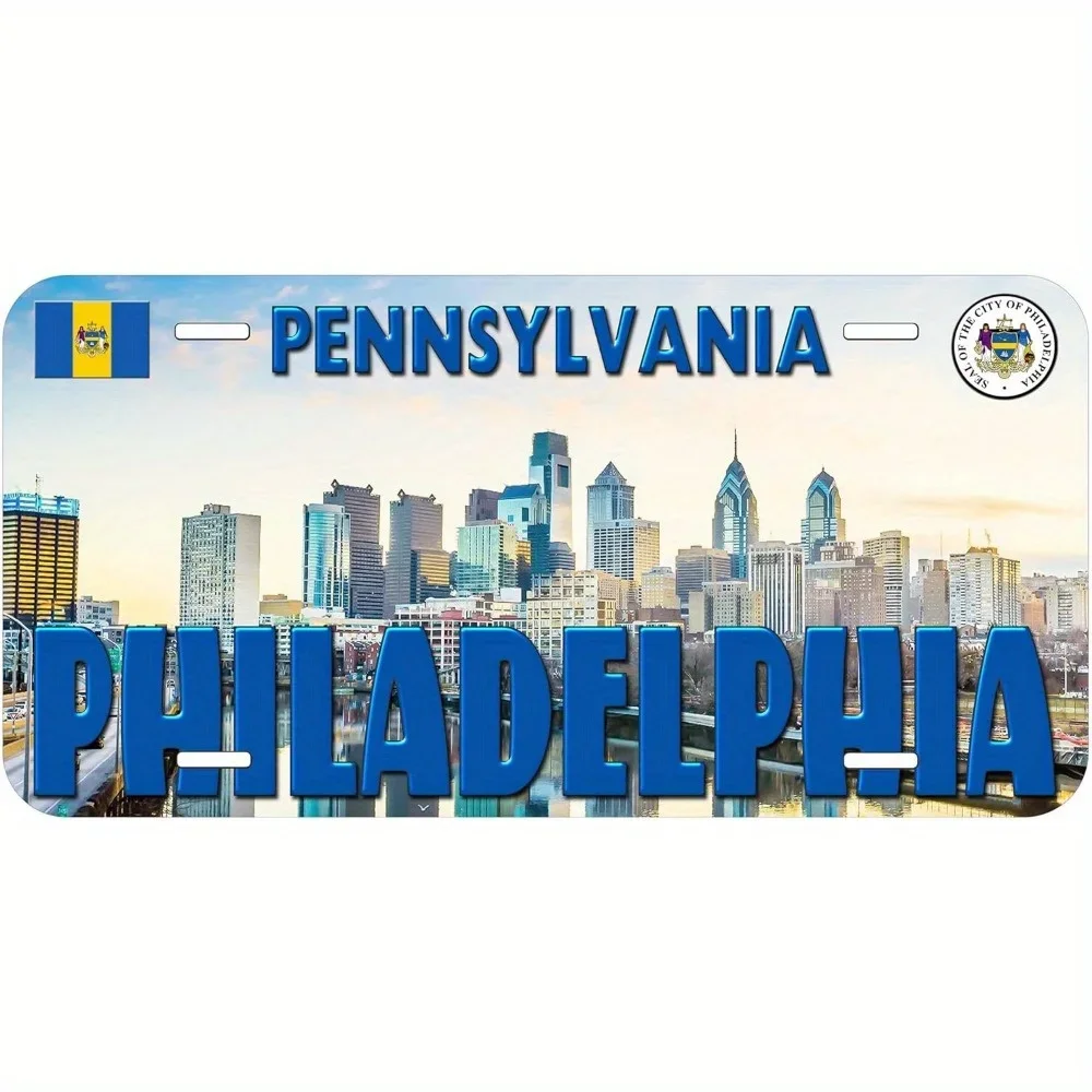 Philadelphia Pennsylvania Novelty Car License Plates - Aluminum Wall-Mounted Decor with City Skyline & State Flag Design, Moder