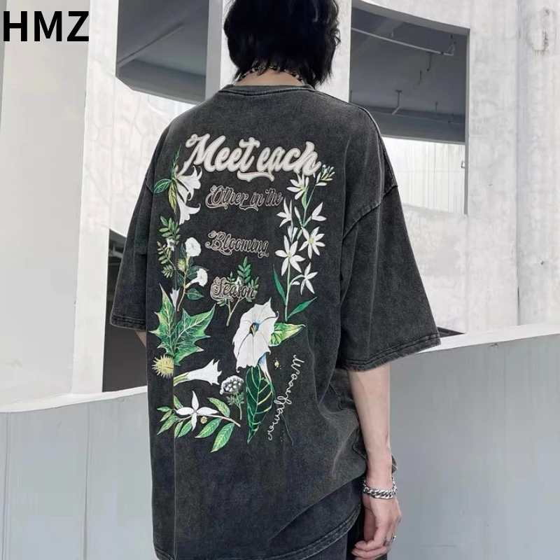 

HMZ 2022 Men Vintage Washed T-shirt 2022 Half-Sleeve Graphic T Shirts Unisex Loose Casual Abstract Street Fashion Cotton T Shirt