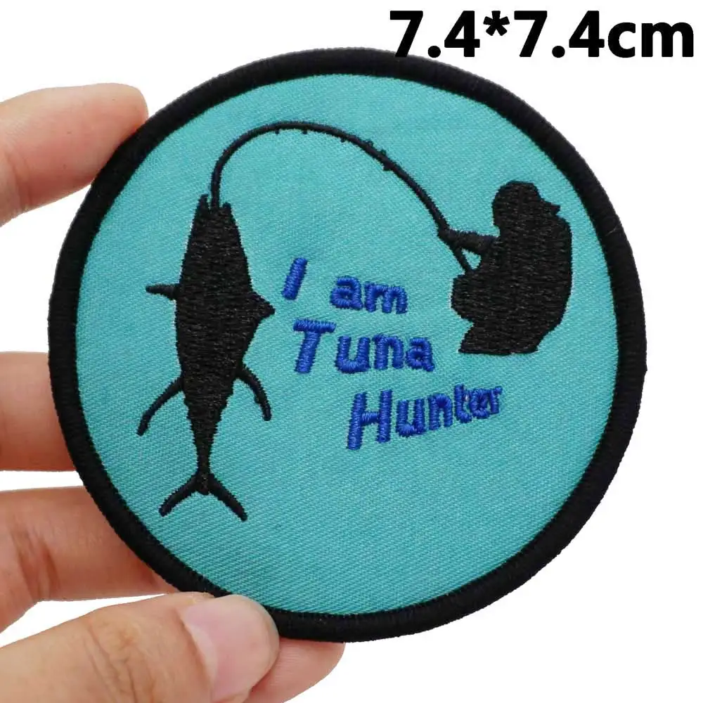 bluefin tuna hunter Embroidered Patches Applique Sewing Label punk biker Band Rock Clothes Badges with hook backing