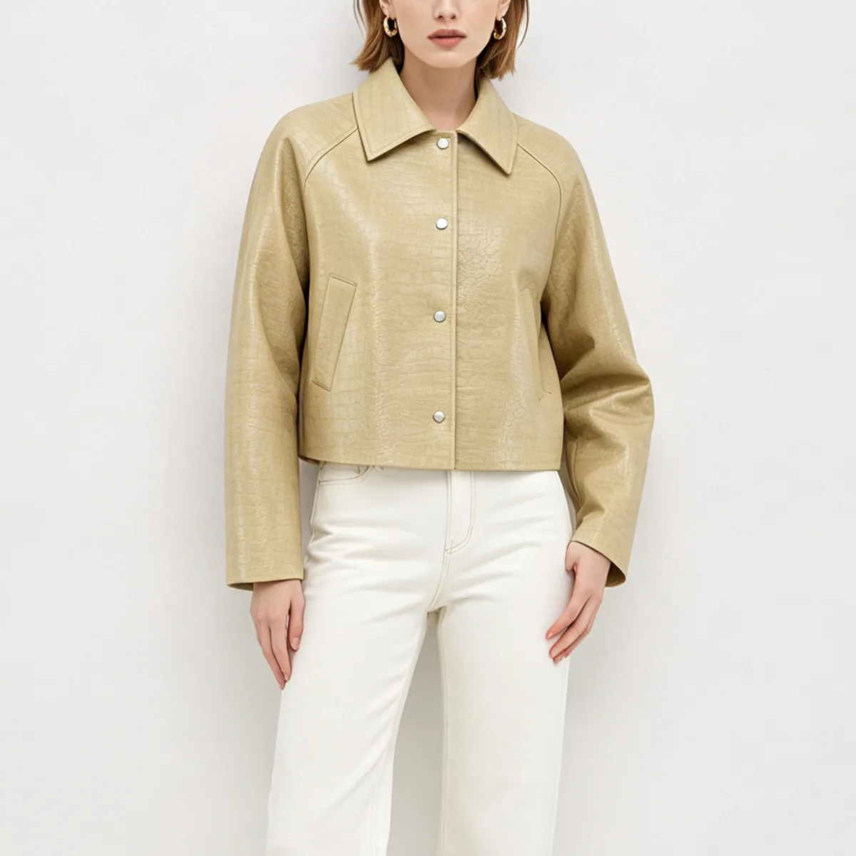 VTKW 2026 New Women Point Collar Croc Embossed Faux Leather Jacket Snap Button Pocket Cropped Long Sleeve Daily Outerwear