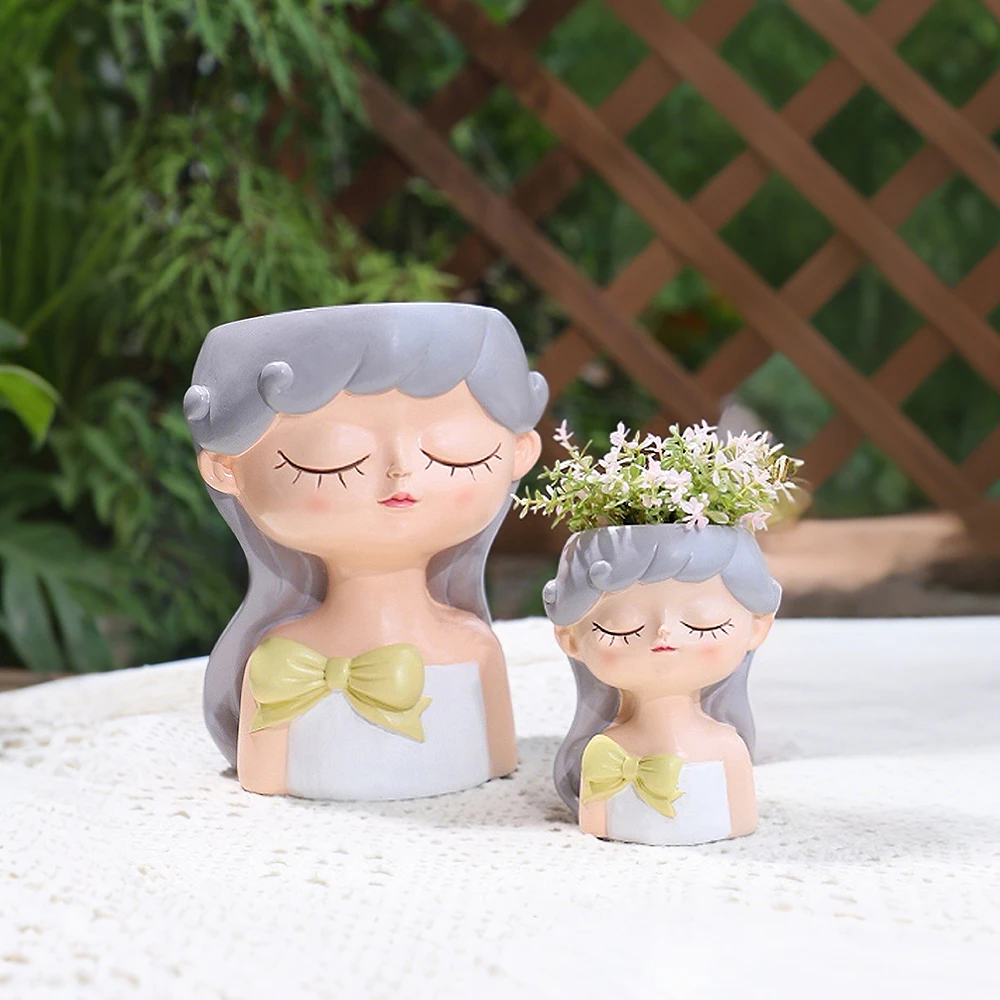 Cute Girl Small Plant Pot Resin Succulent Planter for Home Office Desk Mini Ornament Fairy Garden Flowerpot Decoration - view 3