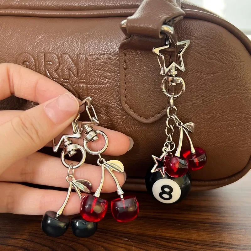 Creative 8 Ball Fruit Cherry Star Keychain Kawaii for Women Y2K Handmade Key Strap Wallet Keyrings Bag Pendant Accessories