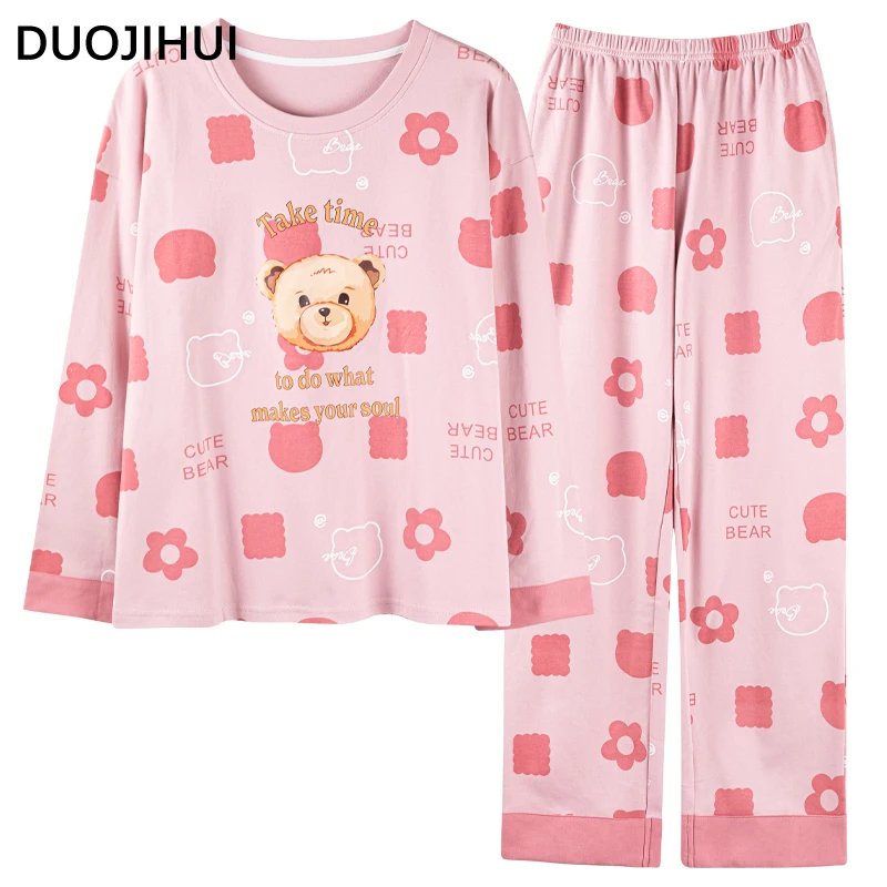 DUOJIHUI due pezzi moda stampa pigiama per le donne autunno nuovo o-collo Pullover Basic semplice pantalone sciolto Casual pigiama femminile Set