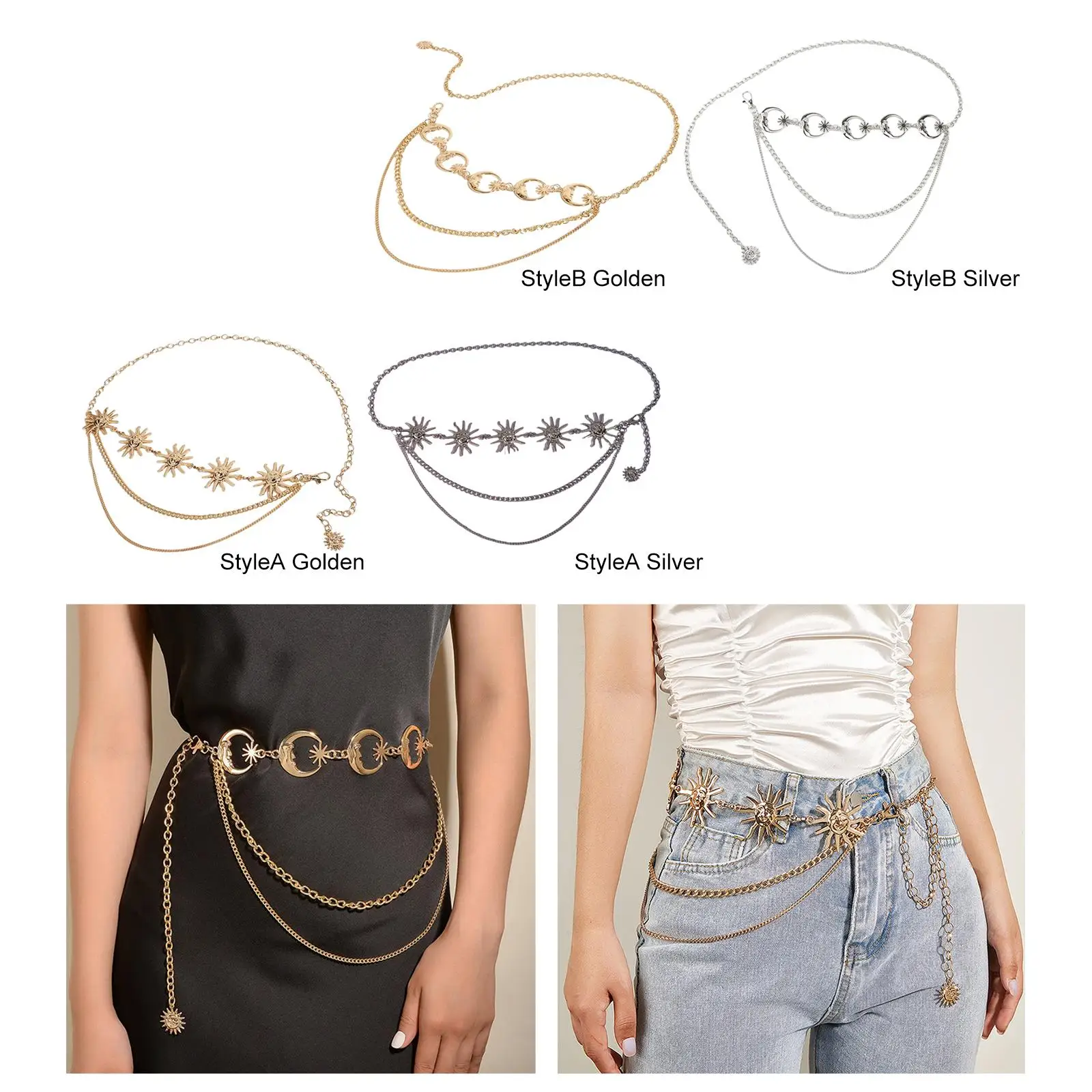 Stylish Waist Chain Belt for Women Dress Outfit Adjustable Waistband 2 Layer