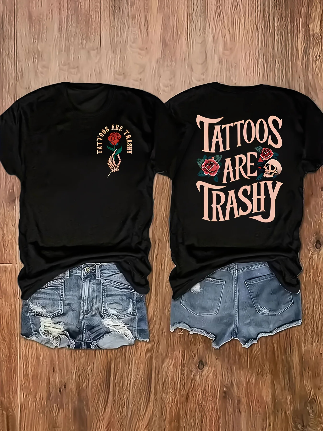 

Plus - Size Black Round Neck T - Shirt with 'Tattoos Are Trashy' Rebellious Print: Edgy and Provocative