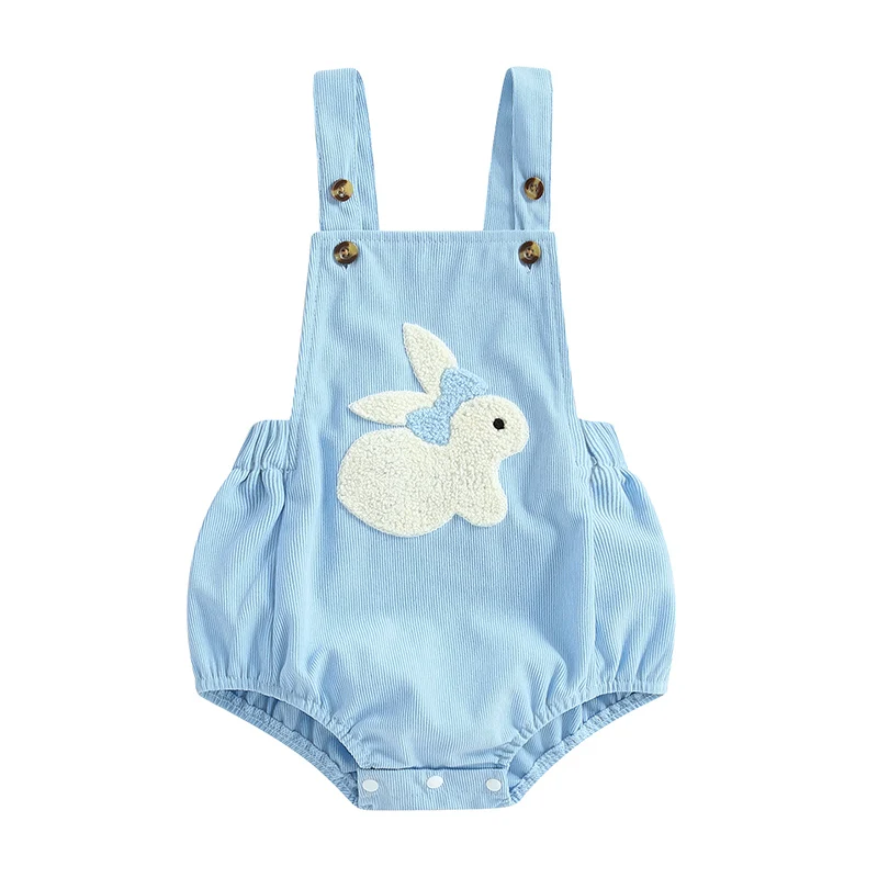 

Baby Easter Romper Sleeveless Square Neck Bunny Embroidery Bodysuit Spring Newborn Overalls