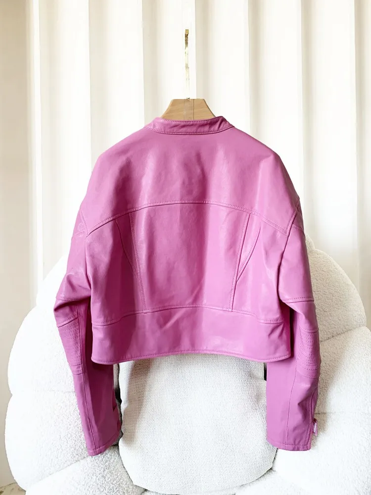 New Women Stand Collar Punk Genuine Leather Motorcycle Jacket Spring Zipper Long Sleeve High Street Female Fashion Short Coat