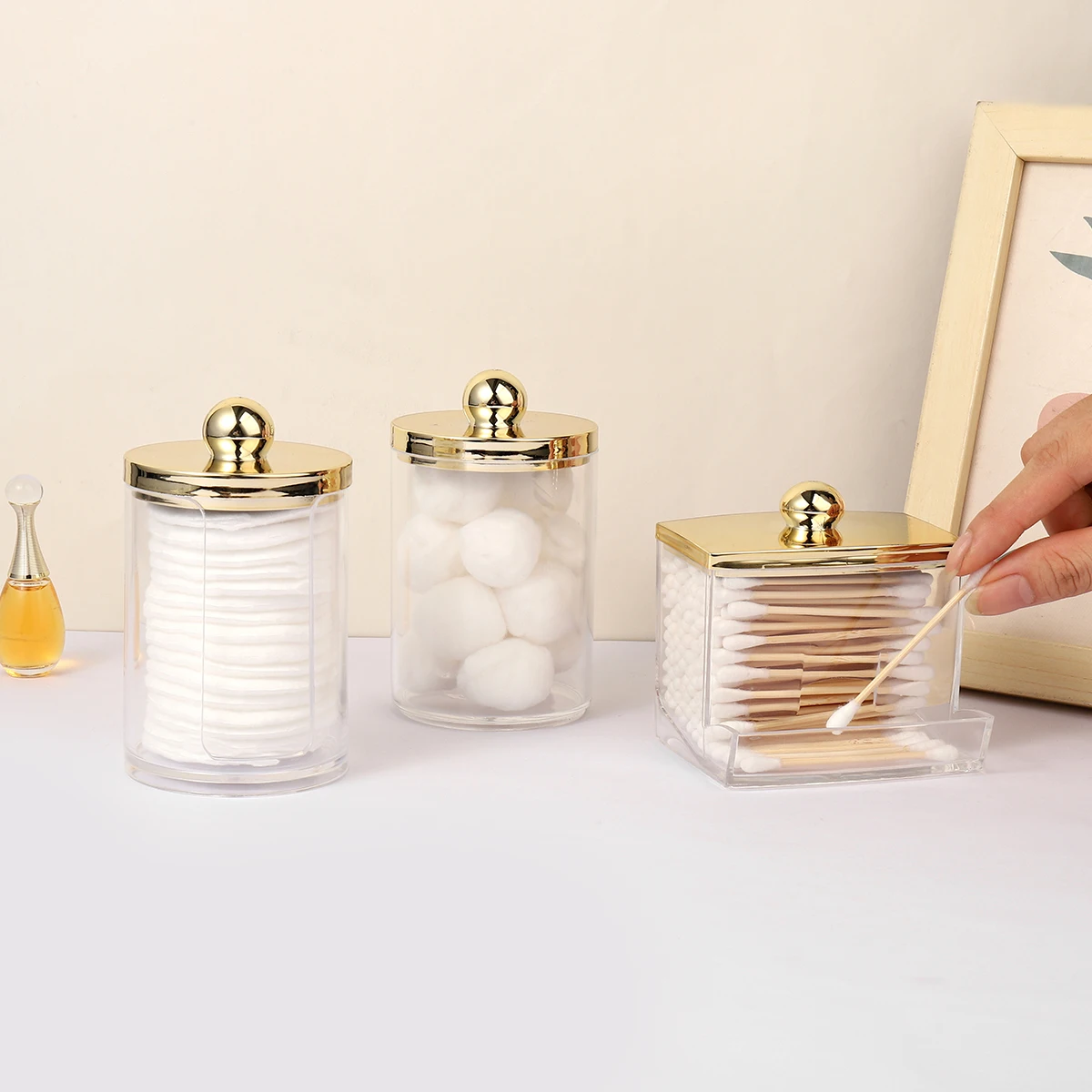 1/3 pcs Qtips Dispenser Bathroom Container with Golden Lid , 10 oz Cotton Ball Holder, Clear Plastic Apothecary Jar Organizer