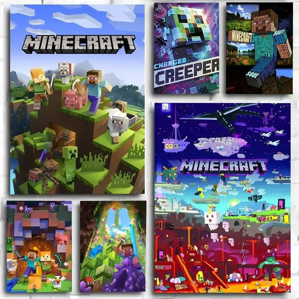 Video Game Block Pixel World Landscape Style Canvas Poster Painting Print Wall Art Picture For Living Room Home  Cuadros