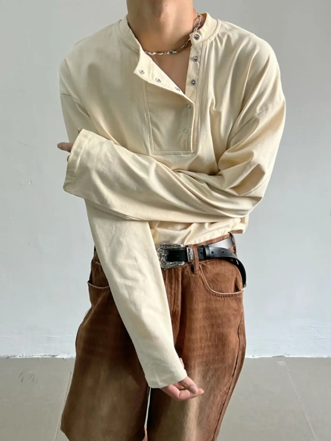 Neckline Button-up Lapel Long-sleeved T-shirt Men's Versatile Casual Loose T-shirt