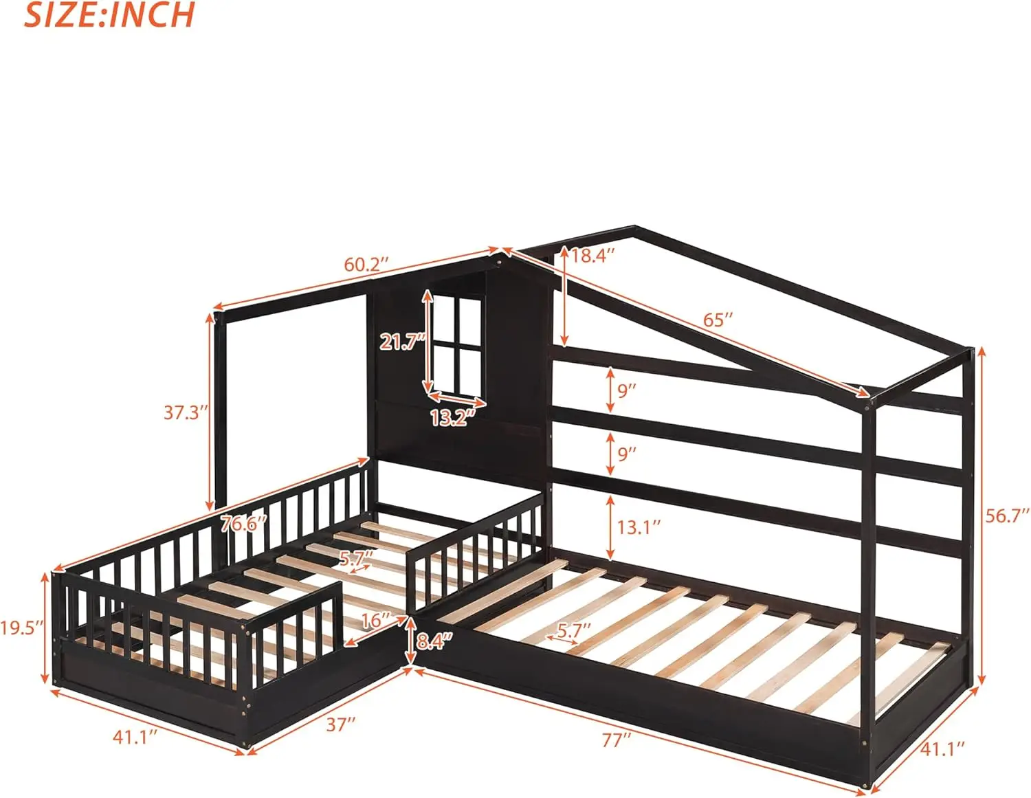 House Bed With Double Twin Beds, Wood L-Shaped 2 Twin Platform Beds With Roof ,Window,Fence And Slatted Design, Corner