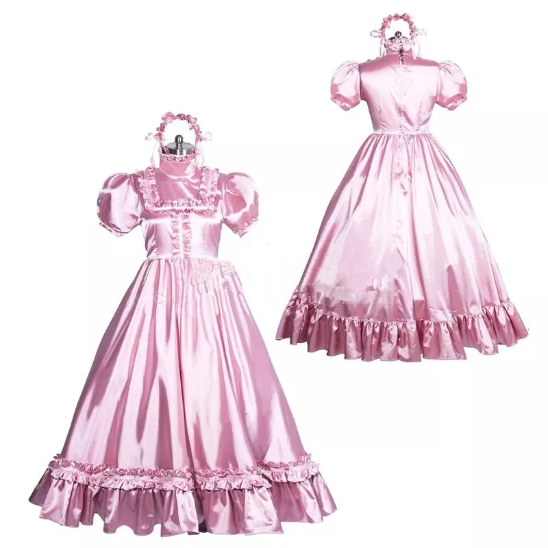 

Sissy Pink Robe Dress Cosplay Lace Lockable Satin French Maid Halloween Party Costume Customized