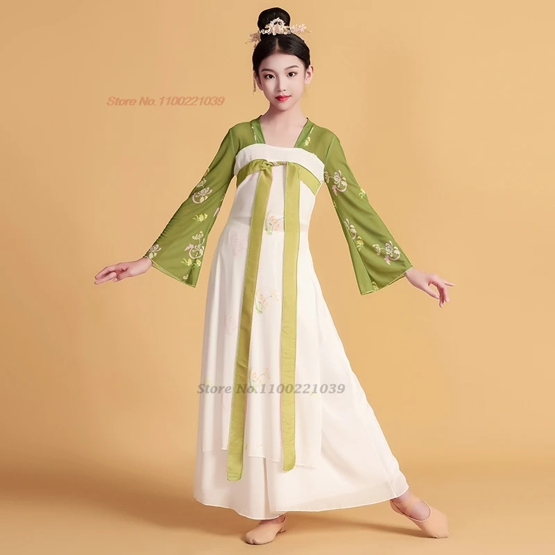 Vestido de baile chino para niños, traje tradicional para actuación en escenario, tops hanfu de malla con estampado de flores y pantalones, conjunto de vestido de hada para niña 2025