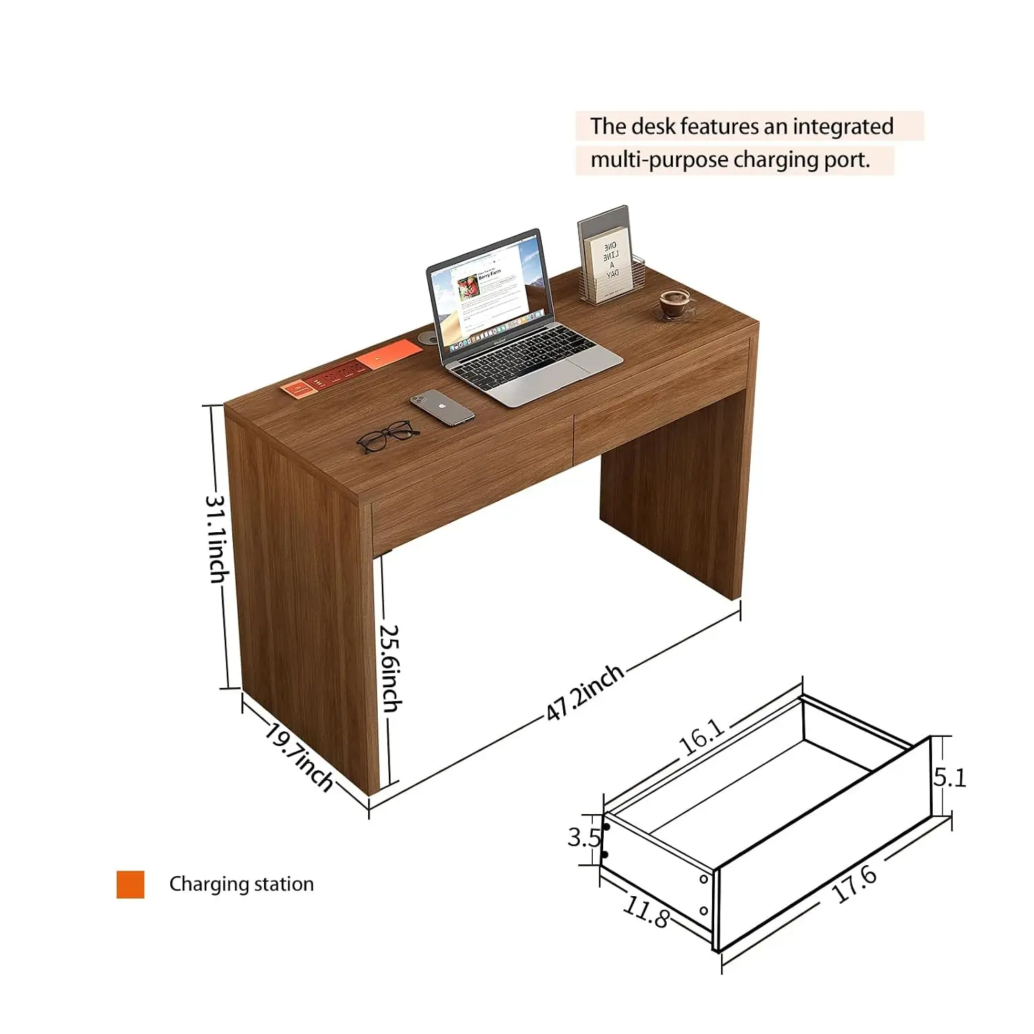 47-Inch Desk With Outlet & 2 Drawers, Computer Gaming Table For Bedroom Living Room Office, Brown, Customized