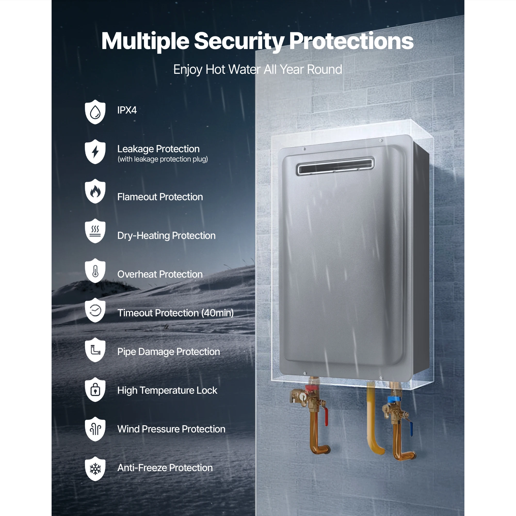 SucceBuy سخان مياه يعمل بالغاز بدون خزان 5.3/ 8 جالون خارجي 191000 وحدة حرارية بريطانية سخان مياه ساخن فوري حماية ذكية للتحكم في درجة الحرارة #3