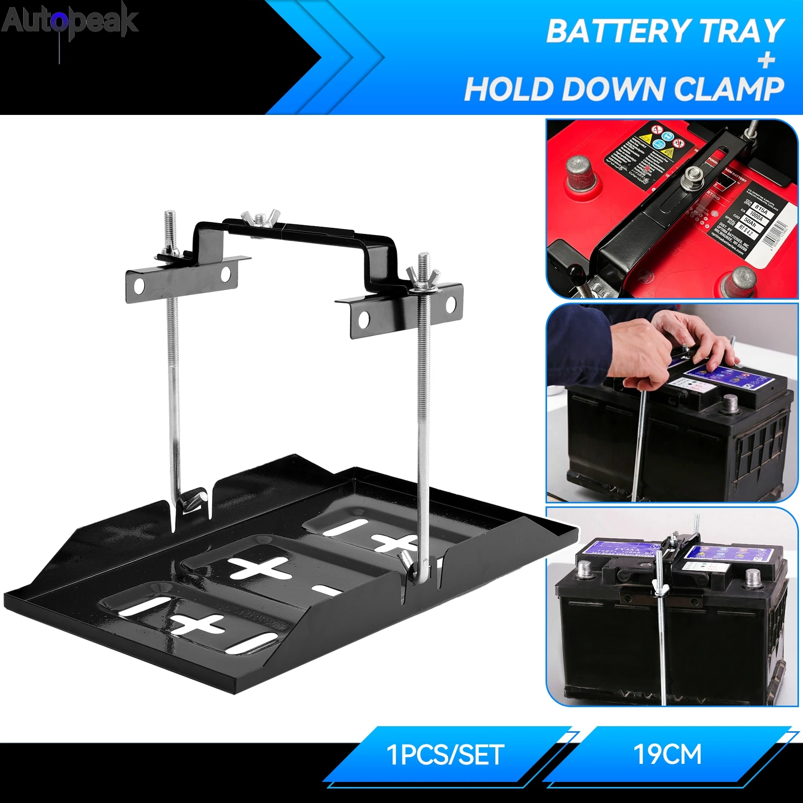 19cm Car Battery Tray Kit Rack Black Stable Holder Adjustable Bracket Down Clamp Marine Durable Universal Auto Accessories Set