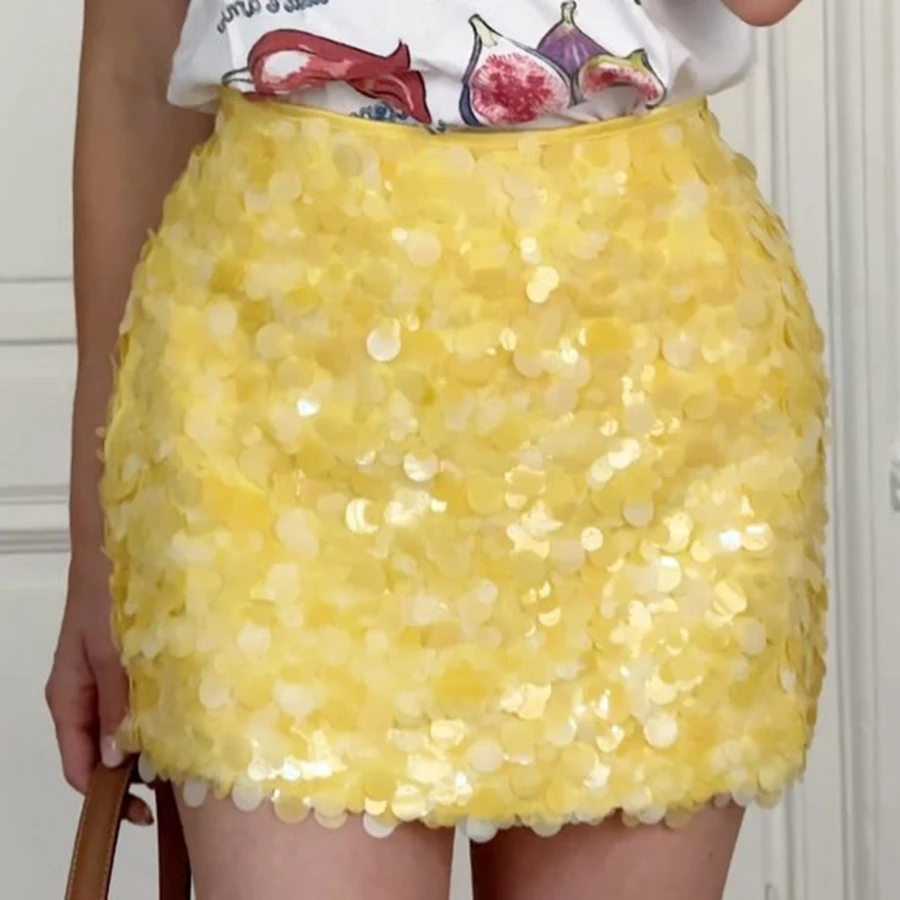 Hot Women Summer Y2K Sequins Skirts Casual Soild Color Shiny Shirt Aesthetic Clothes for Streetwear Party Club