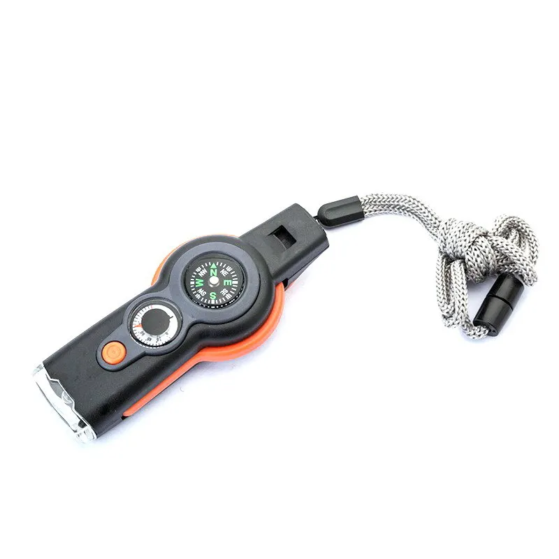 Multifunctional 7-in-1 Outdoor Rescue Emergency Survival Whistle with Mirror Magnifier Thermometer Compass LED Light