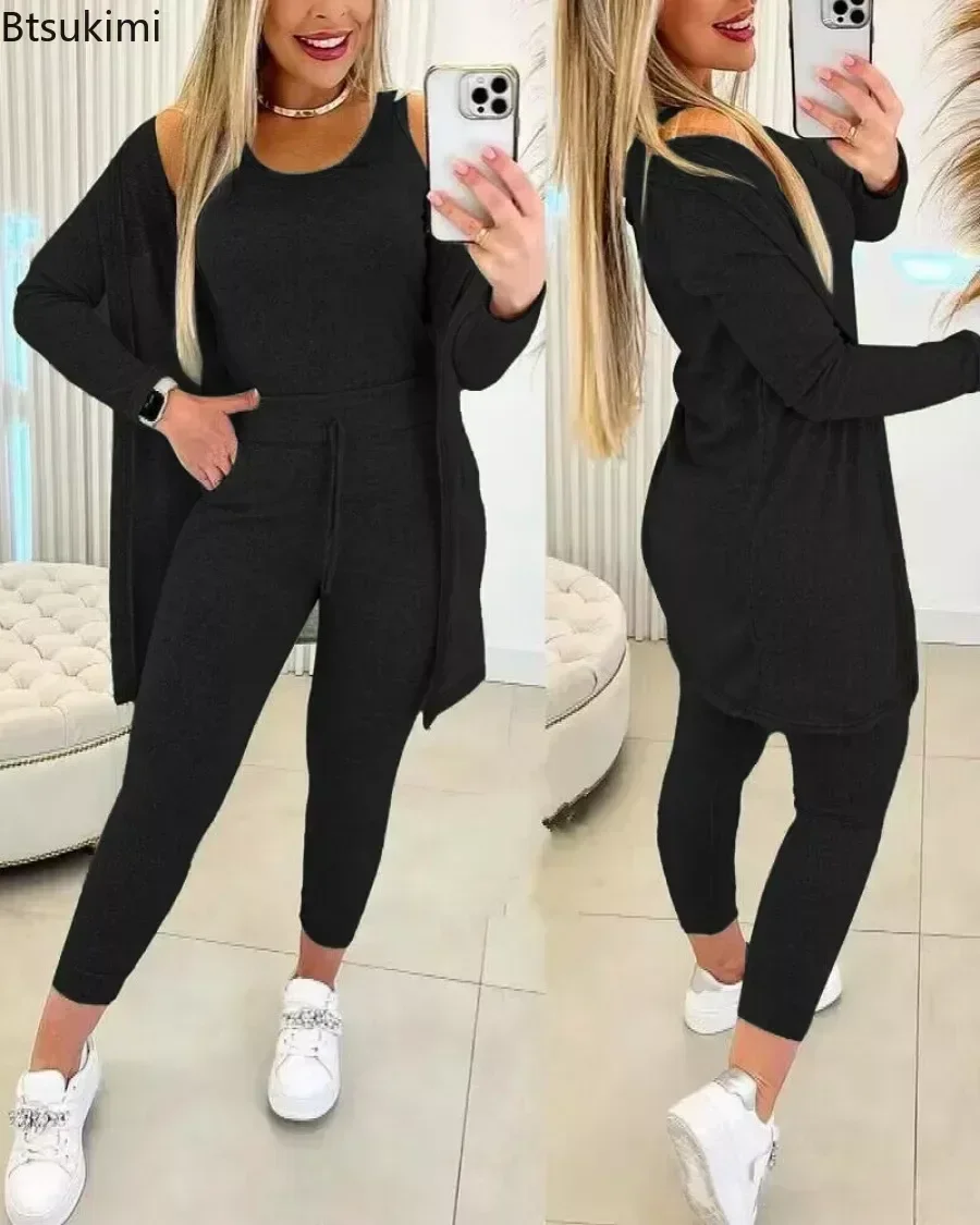 2024 Women's Casual Homewear 3PCS Autumn Winter Pajamas Sets Female Soft Tank Top & Long Sleeved Coat & Ankle-Length Pants Set