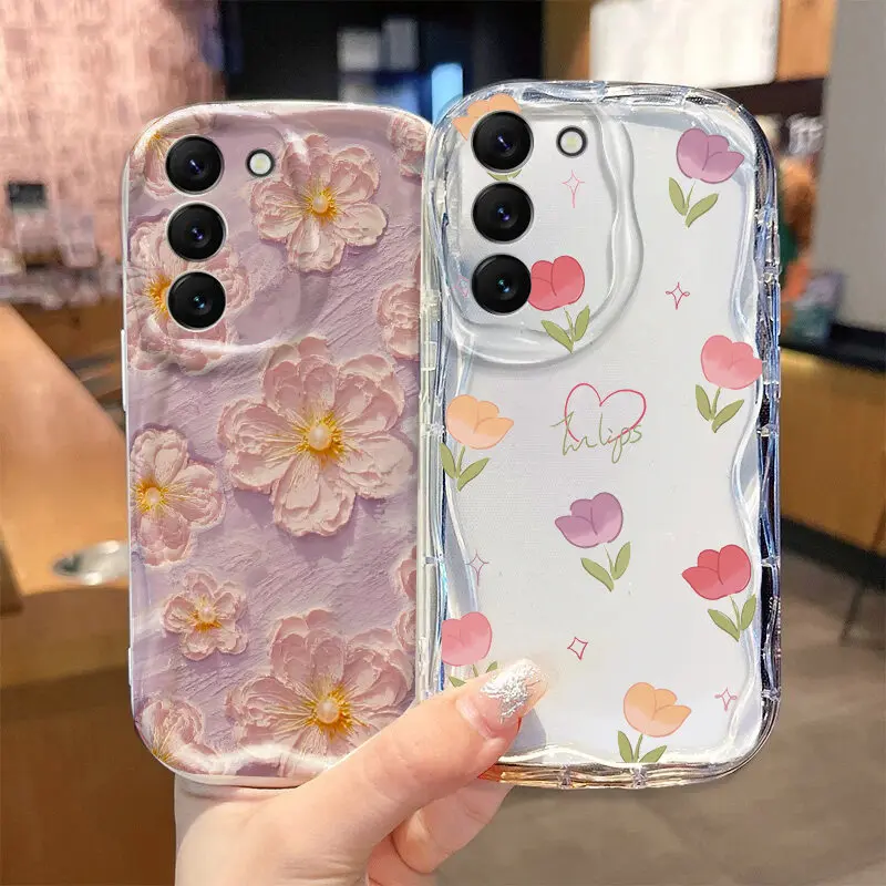Cute Tulip Oil Painting Flower Case for Samsung Galaxy S25 S24 S23 Ultra 5G S25 Plus S24 FE S23 FE 3D Wavy Curved Edge TPU Cover