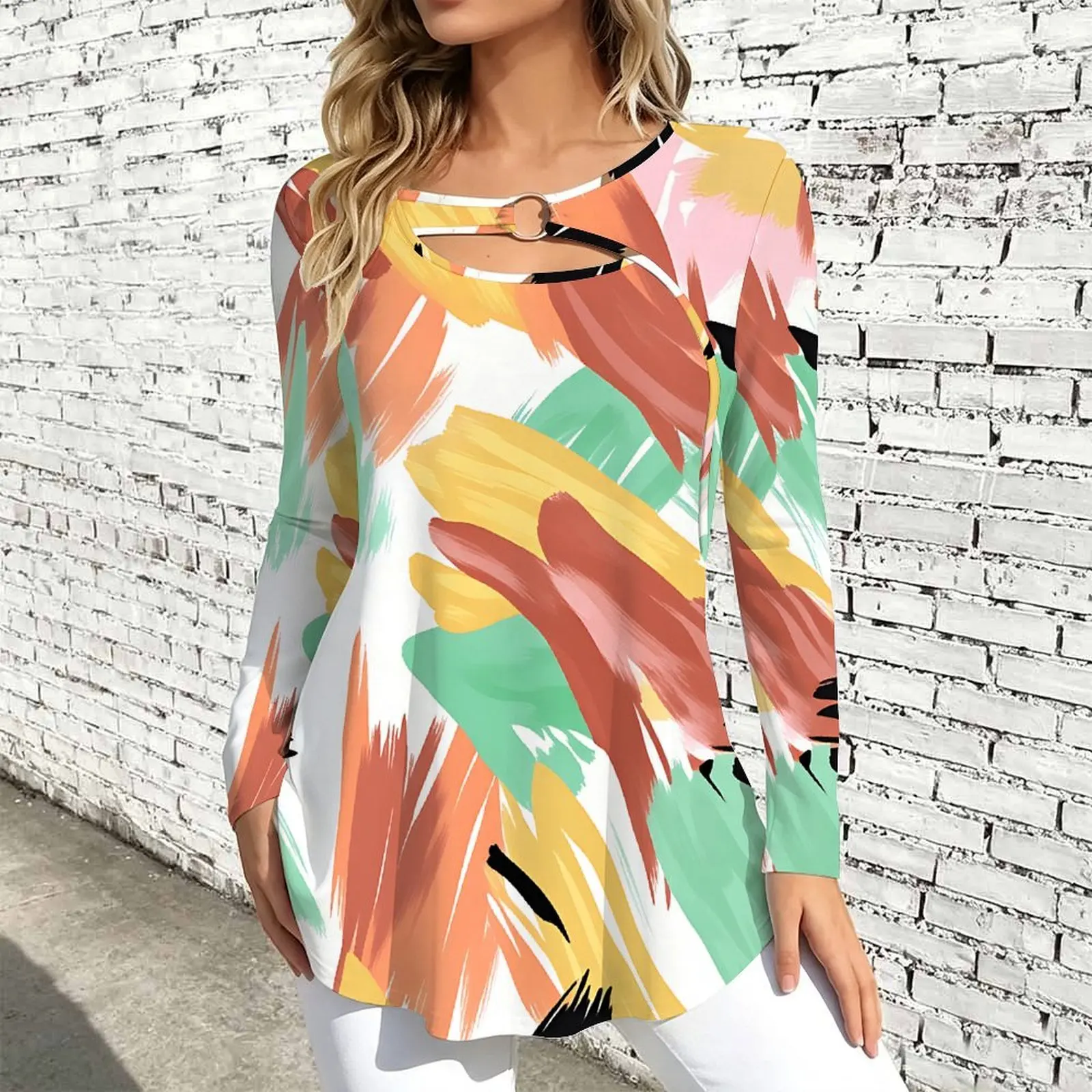 Women Long Sleeve Tunic Top Print O Ring Cutout Neck Loose A Line Hem Casual Ladies Blouse