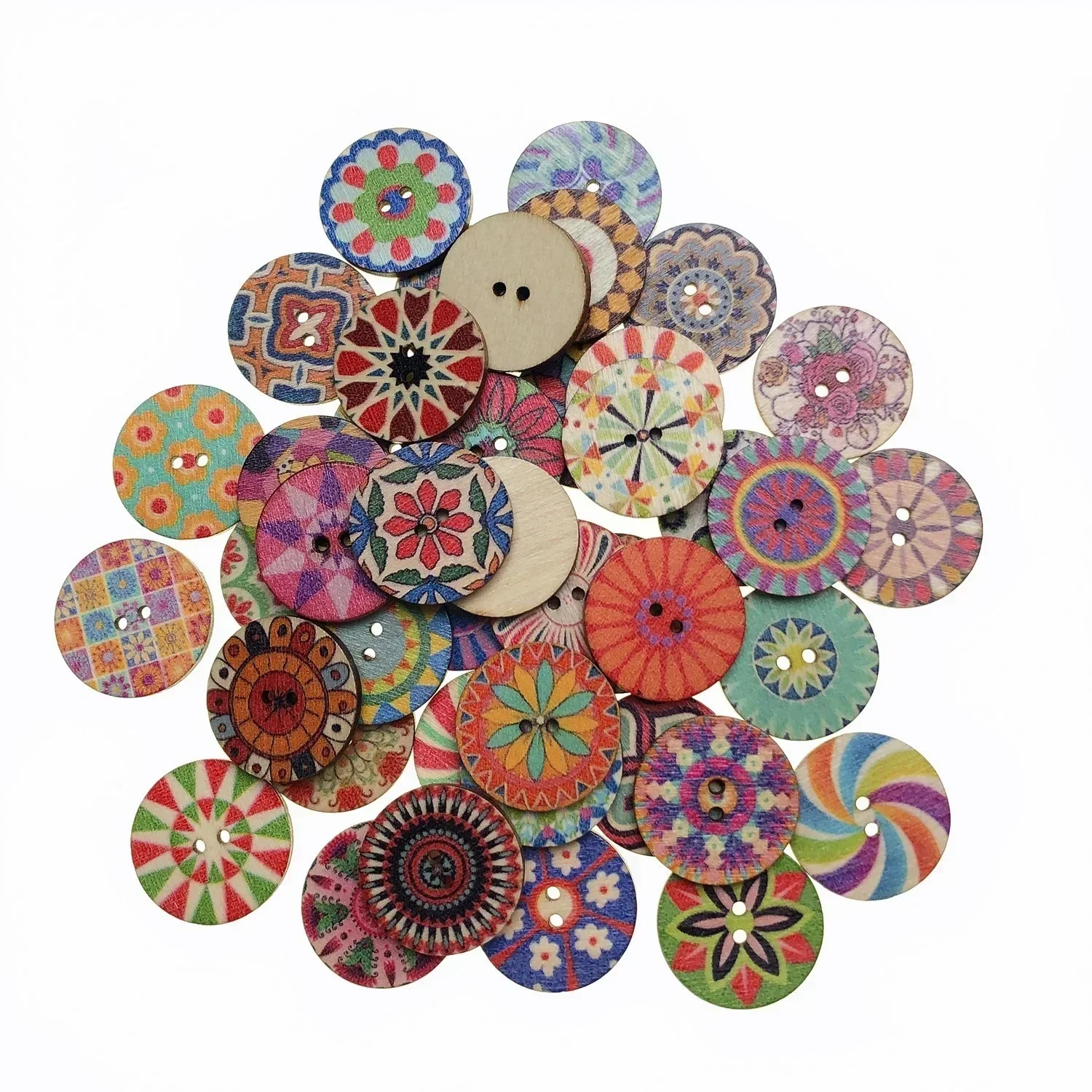 50Pcs 20MM Round Assorted Floral Patterns Ideal for Sewing, Knitting, Crocheting Scrapbooking Multicolor Vintage Wooden Buttons