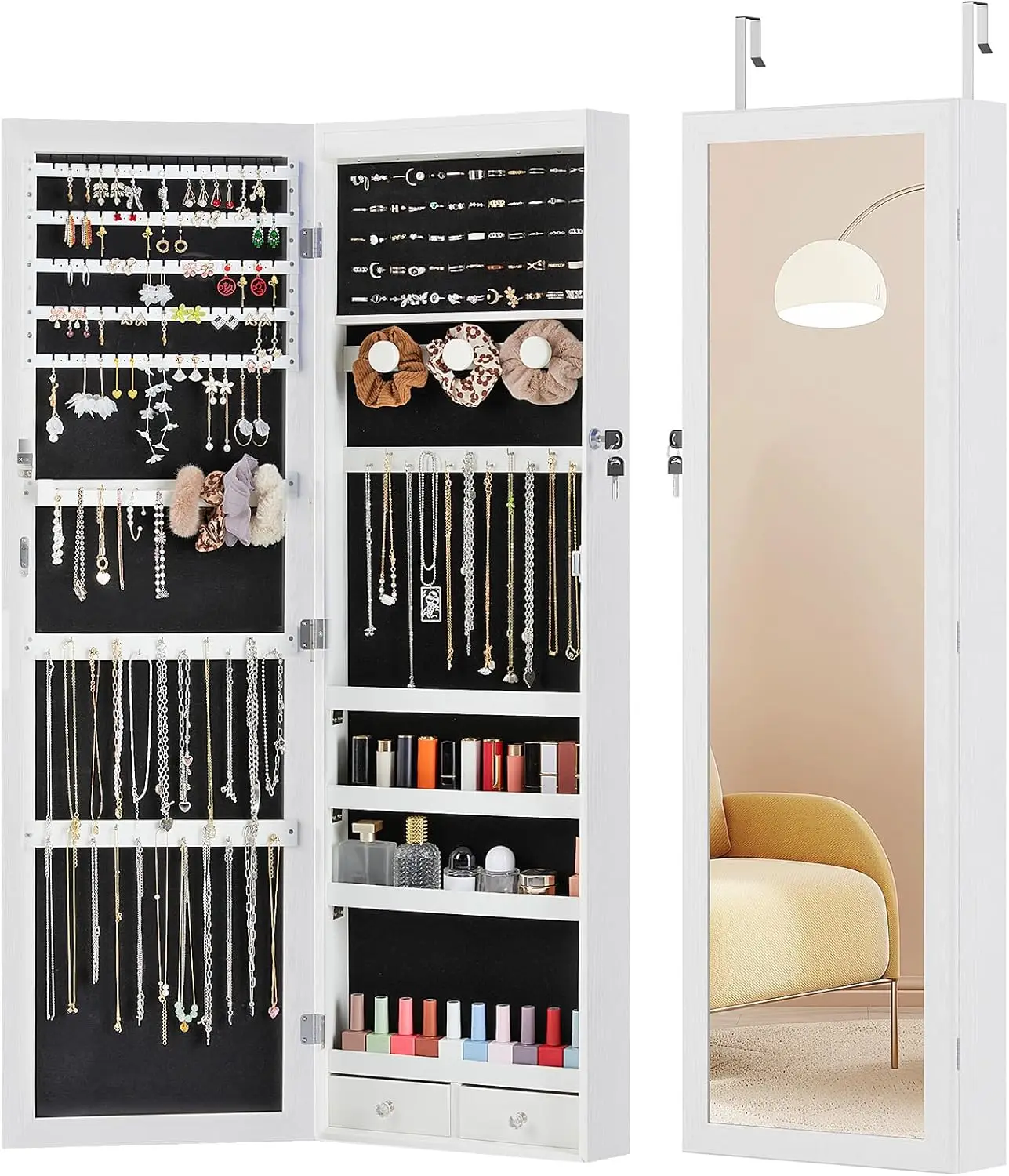 47.2-inch Jewelry Armoire with LED Lights, Full-Length Mirror, Lockable Storage for Wall or Door Mounting