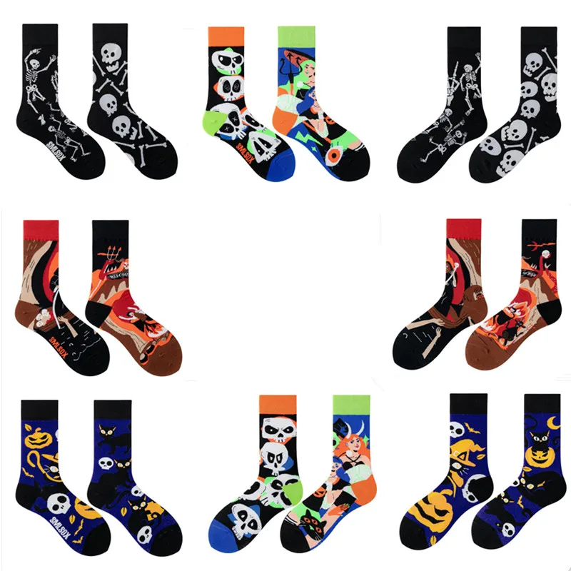 1 Pair of Original Halloween Skeleton Witch Devil Cat AB Socks Male and Female Couple Socks Daliy Party Hip Hop Cotton Socks