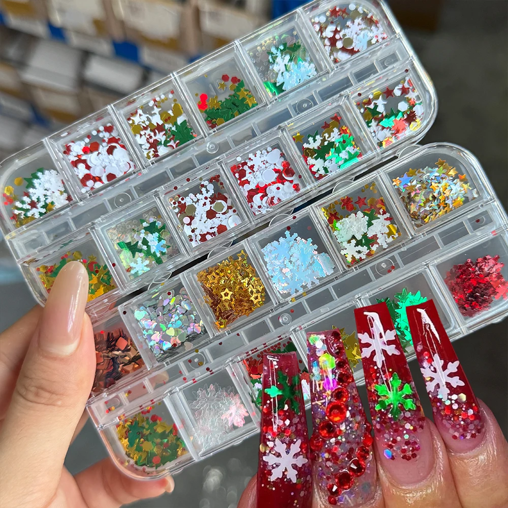 12 شبكة احتفالية عيد الميلاد مسمار بريق الترتر مختلط مسدس ستار ندفة الثلج شجرة عيد الميلاد دائرة هولو رقائق الأظافر عيد الميلاد شىء صغير براق #3