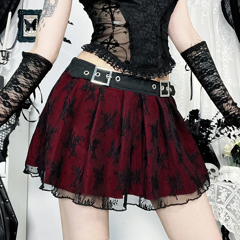 Dark Gothic Lace Mesh Pleated Mini Skirt 2000s Korea Chic Sexy Patchwork Short Skirts High Street Casual Design Sense Clothing