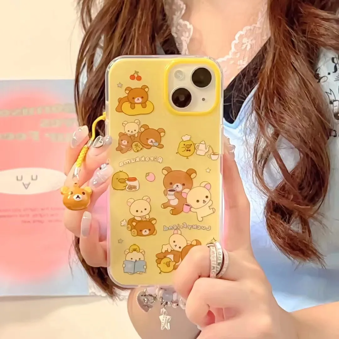 Japan Relax Kuma Bear Glossy IMD Phone Case For iPhone16,15Pro,14Promax 13/12 Full Soft TPU Cover Body Shell Protection