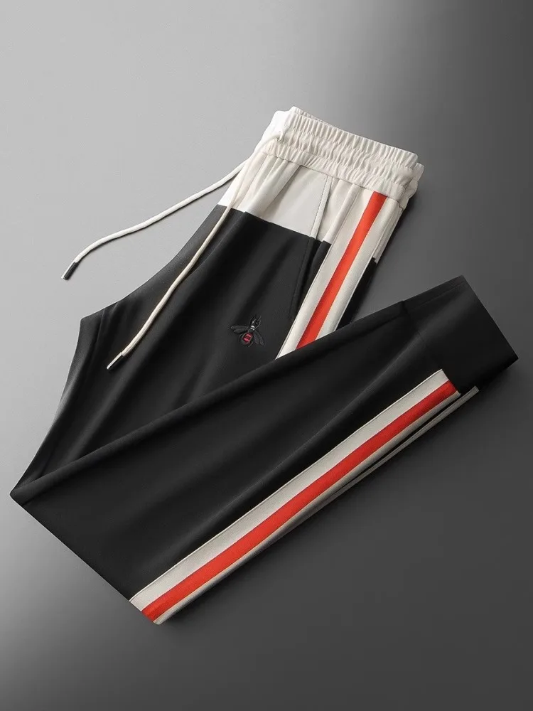 

High-End Lightweight Stripe Men's Casual Pants Summer Thin Faionable Trousers with Embroidery Loose Fit Sports Nine-Piece