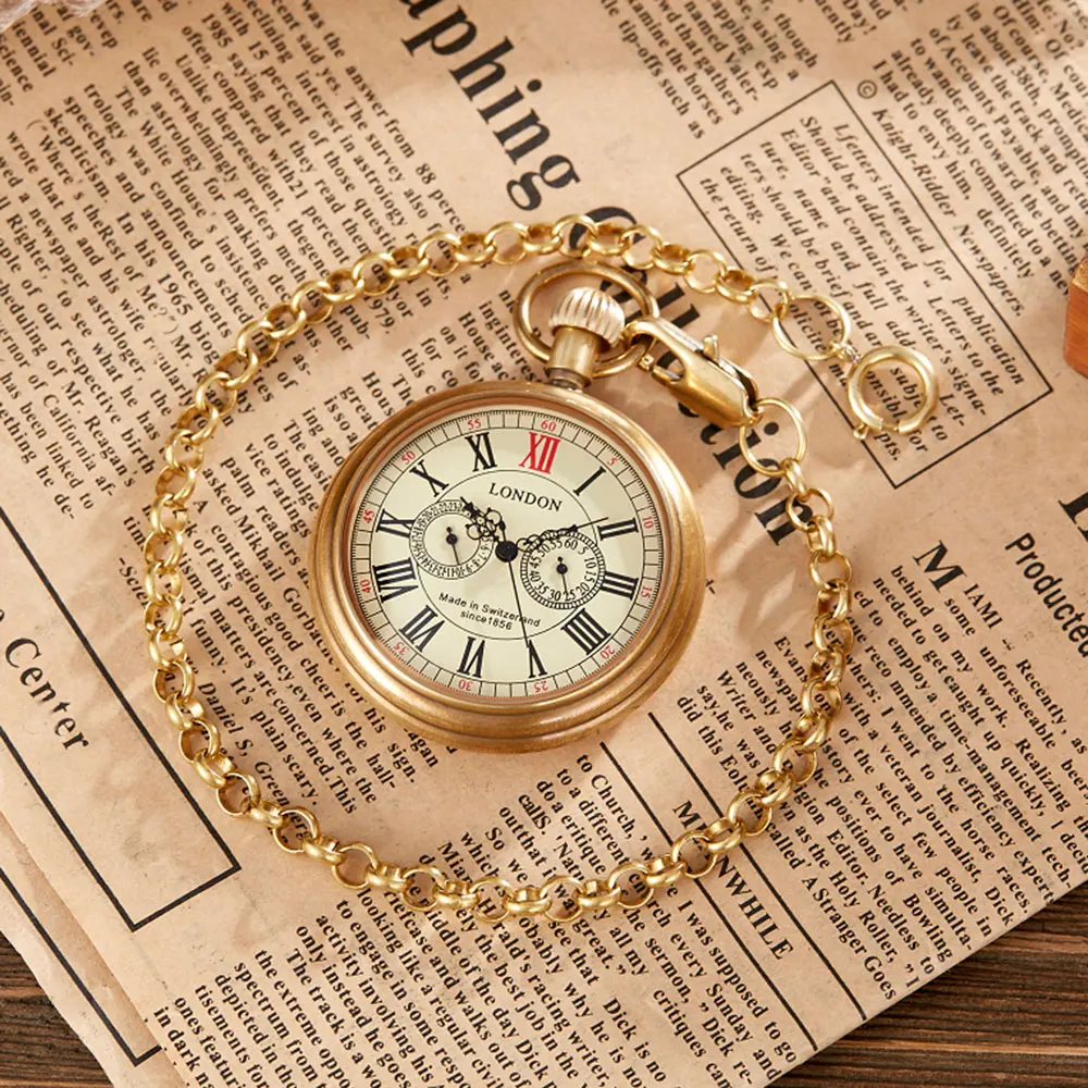 MEN Bronze Vintage Retro Copper Watch Men Alloy Mechanical Pocket Watch with Metal Chain Steampunk Watch Roman