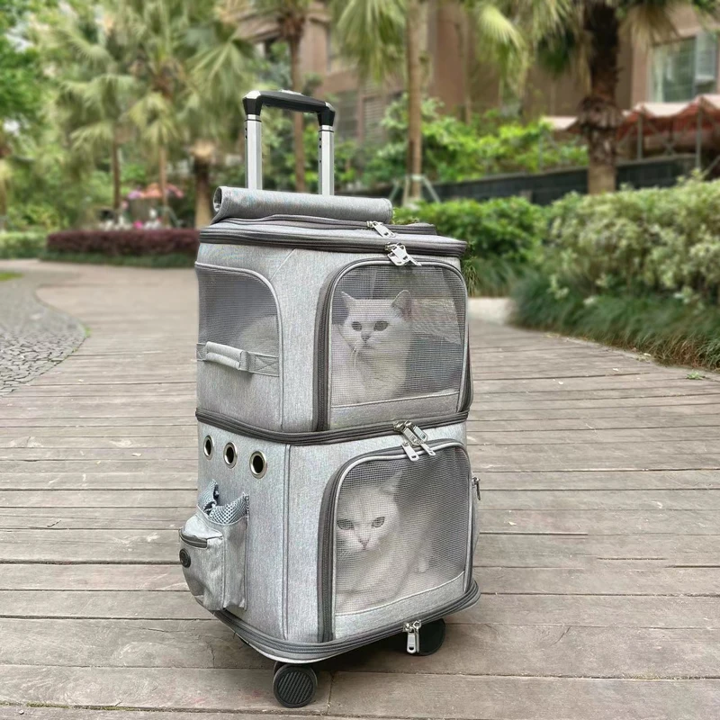 Cat Bag Trolley Case Portable Double-Layer Large Capacity Two Cats and Dogs Carrying Case Breathable Pet Luggage