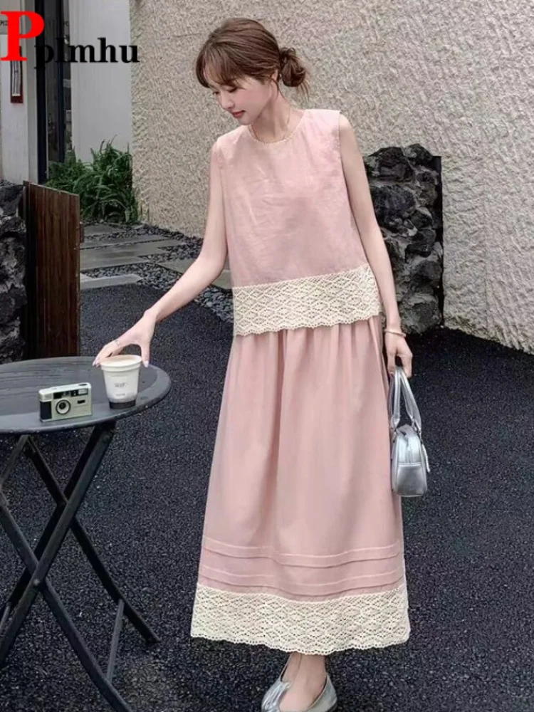 

Льняной комплект из двух предметов с кружевными вставками: топ без рукавов с круглым вырезом и прямая юбка в корейском стиле для женщин