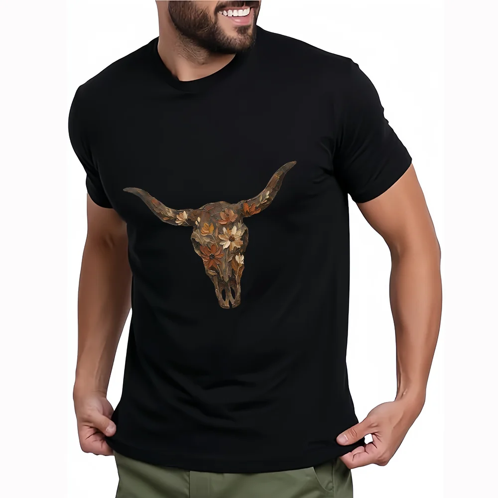 Schwarzes T-Shirt mit Blumen- und Rinderschädel-Print – im amerikanischen Western- und Country-Retro-Stil, Nischenmodell für Damen und Herren, schweres Kurzarm-Oberteil KT10022