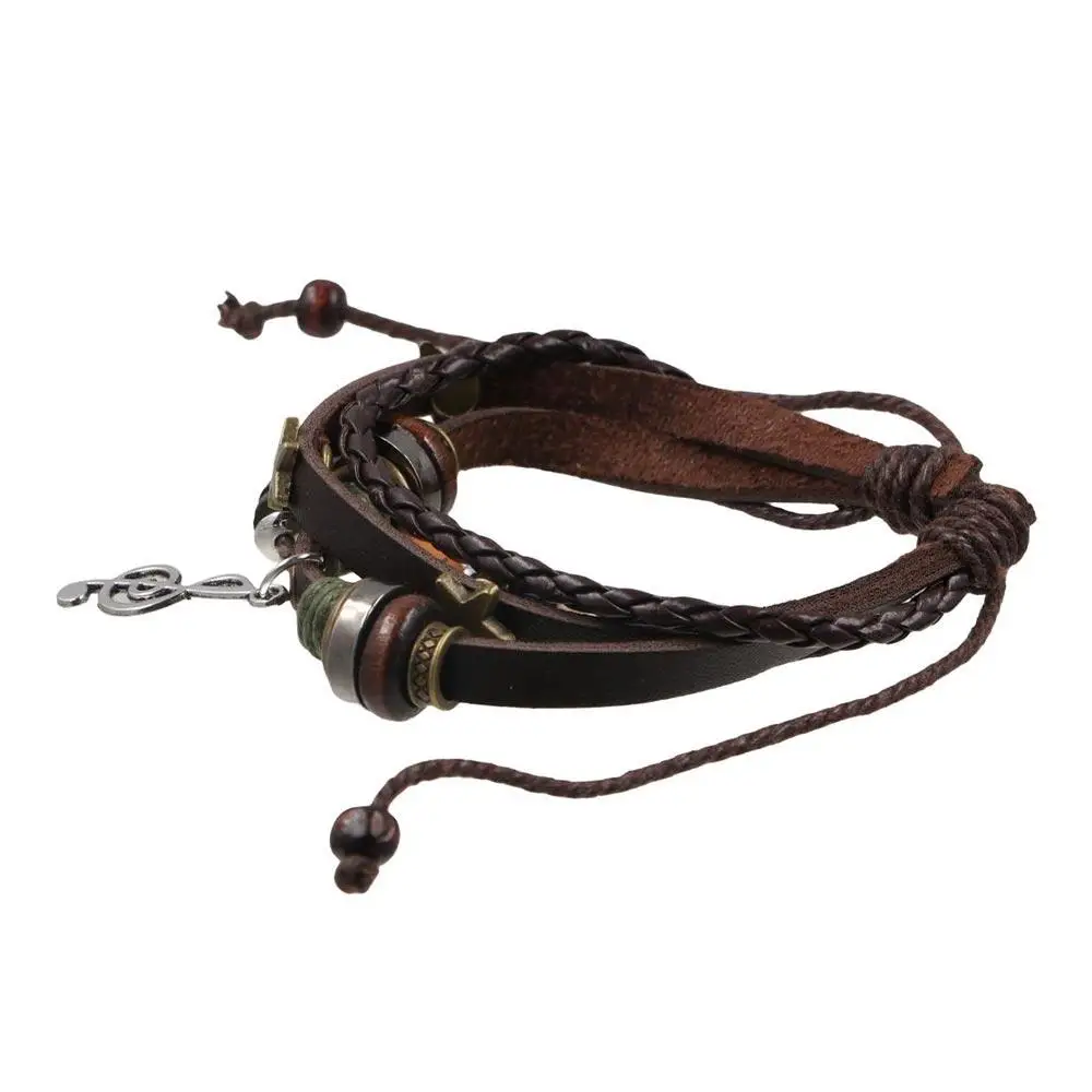 Adjustable Trendy Star Musical Note Wood Beads Alloy Braided Bracelet Hand Rope Gypsy Hippie Bracelet Men Bracelet