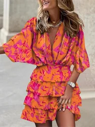 Elegant Ruffles Office Lady Dress Sexy V-neck Half Sleeve Boho Print Mini Dresses For Women 2023 Spring Autumn Robe Femme