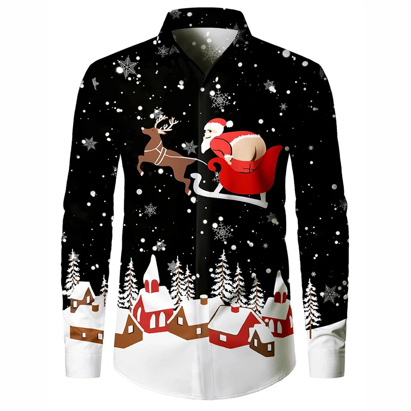 เสื้อเชิ้ตแขนยาวลายซานตาคลอสสุดฮาสำหรับเทศกาลคริสต์มาส เสื้อผ้าผู้ชายสำหรับงานปาร์ตี้ครอบครัว สไตล์ลำลอง ติดกระดุม แฟชั่นคริสต์มาส 2026