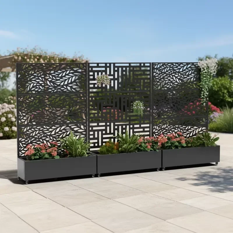 Customize Metal Trellis with Planter Box Metal Privacy Screen with Planter Box for Deck Patio & Balcony & Garden Black