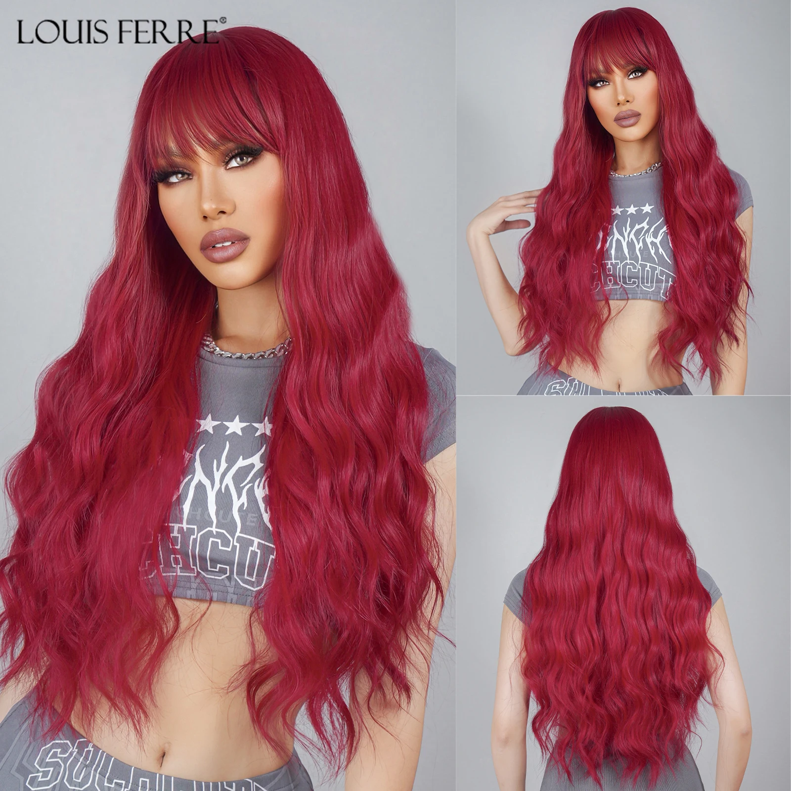 LOUIS FERRE Wine Red Synthetic Wigs Burgundy Long Wavy Wig With Bangs for Women Cosplay Daily Heat Resistant Fiber Wigs Hair