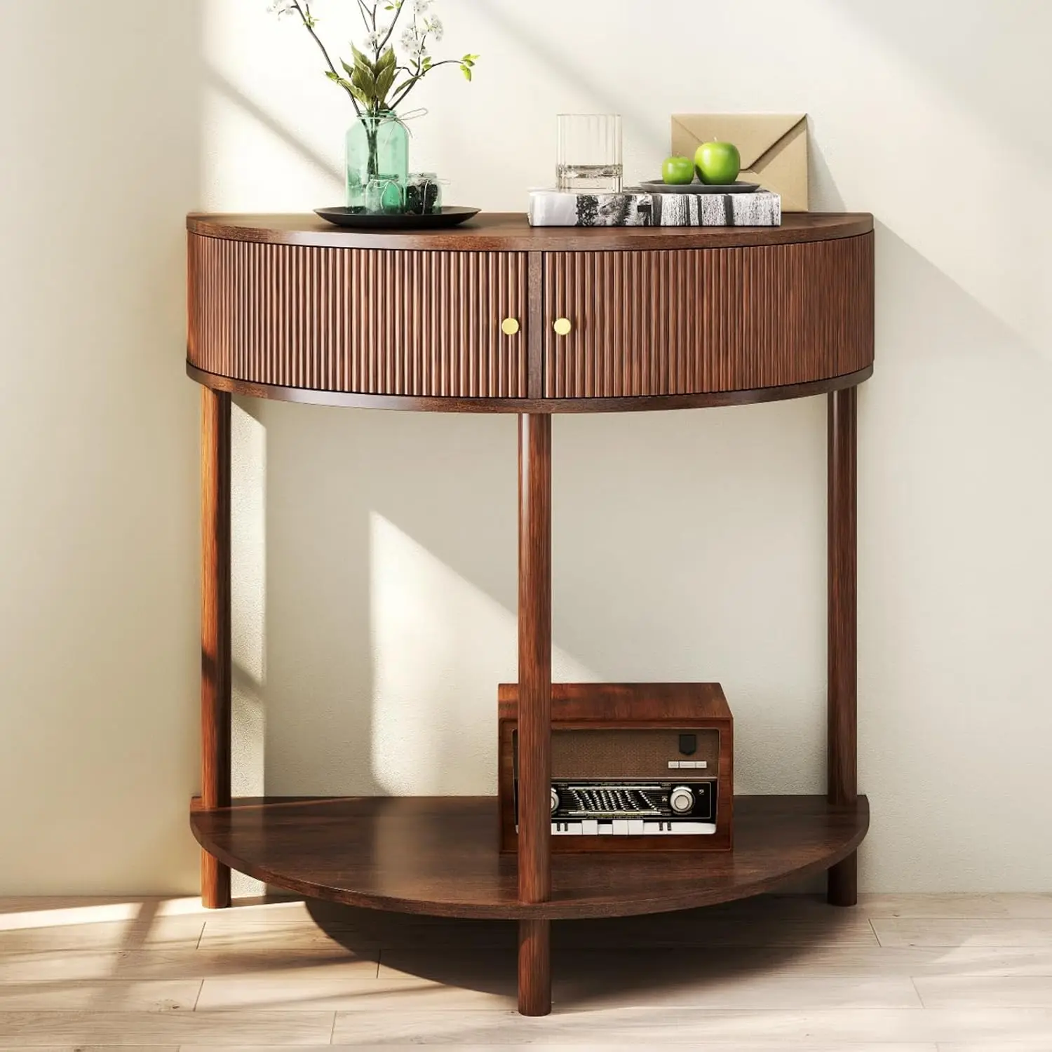 

Half Moon Fluted Console Table with 2 Rattan Storage for Entryway Hallway Living Room Small Space Brown, Customized