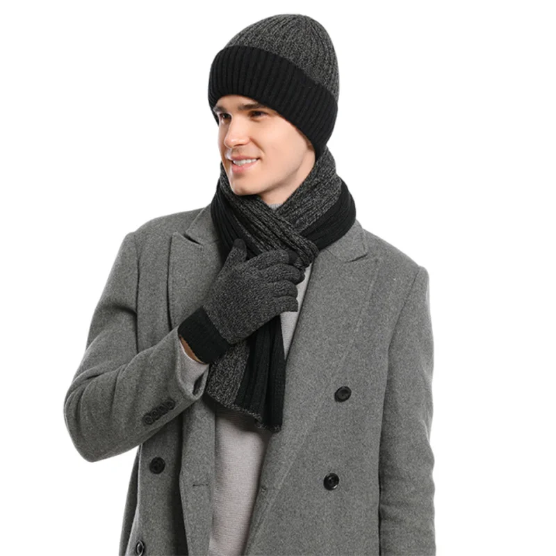 3Pcs/Set Warm Winter Hat Scarf Gloves Set Thicken Knit Beanie Snood Set Elastic Soft Scarf Neck Warmer for Men Women Outdoor