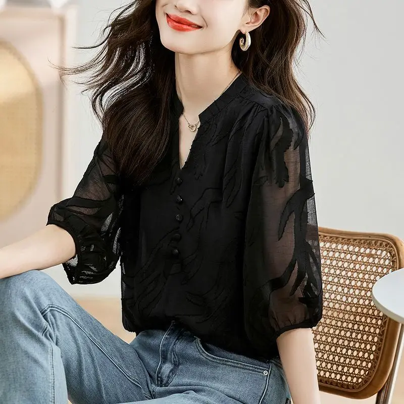 V-Neck Half Sleeve Solid Color Button Pullover Chiffon Women\'s Summer T-shirt Elegant Clothing Office Lady Distressed Tops