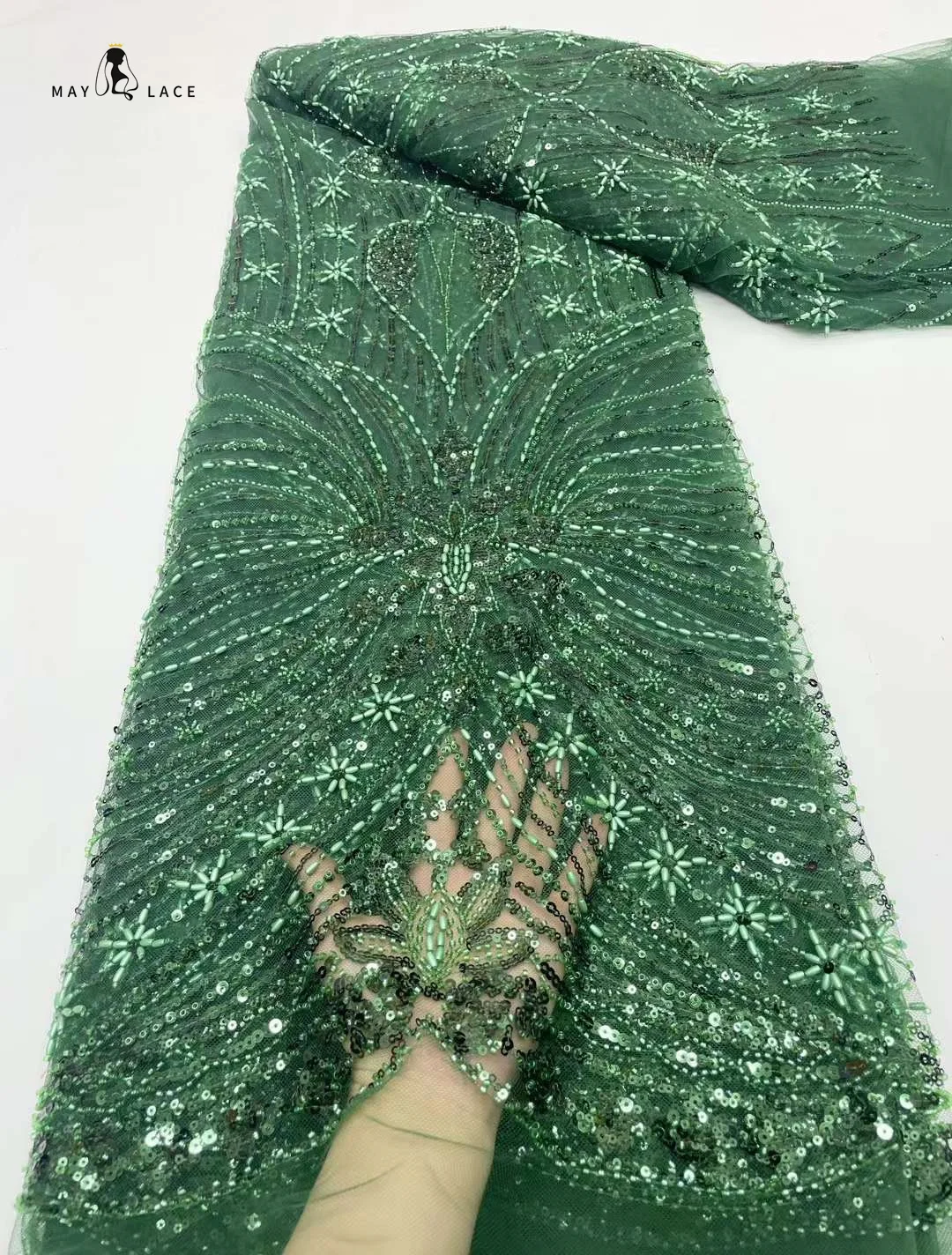 

Green African Tulle Groom Lace Fabric 2024 High Quality Lace Nigerian French Beads Lace Fabric Sequins for Wedding Party Dress