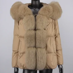 White Duck Down Coat Women Real Raccoon Fur Jacket American Fashion Big Fur Coat Thick Winter Oversize Fox Fur Collar Outerwear