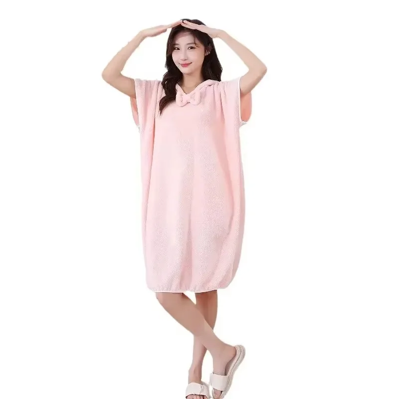 Long Thickened Home Hooded Bow Sleeveless Bath Dress Home Women\'s Bathrobe Wearable Absorbent Bath Towel Coral Velvet